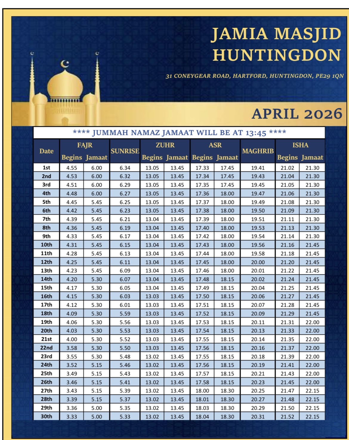 Prayer Timetable