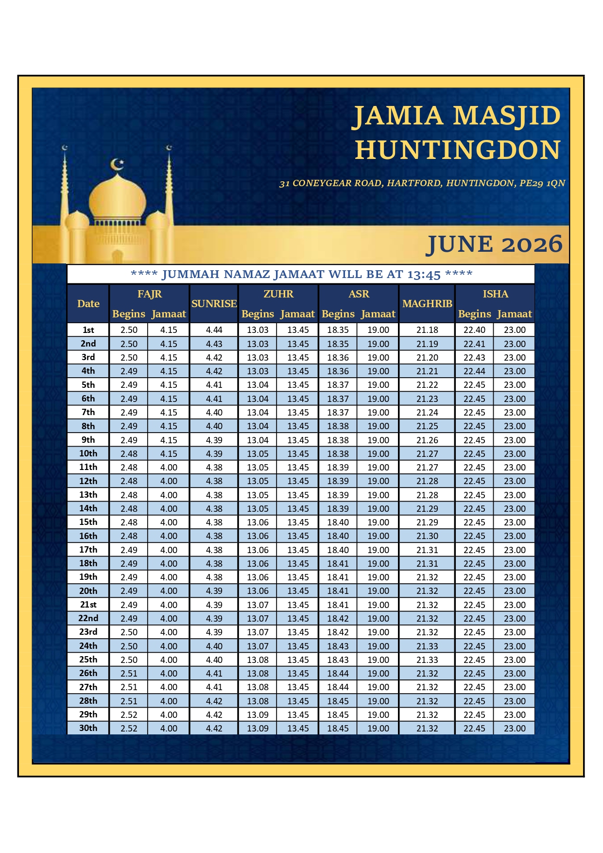 Prayer Timetable