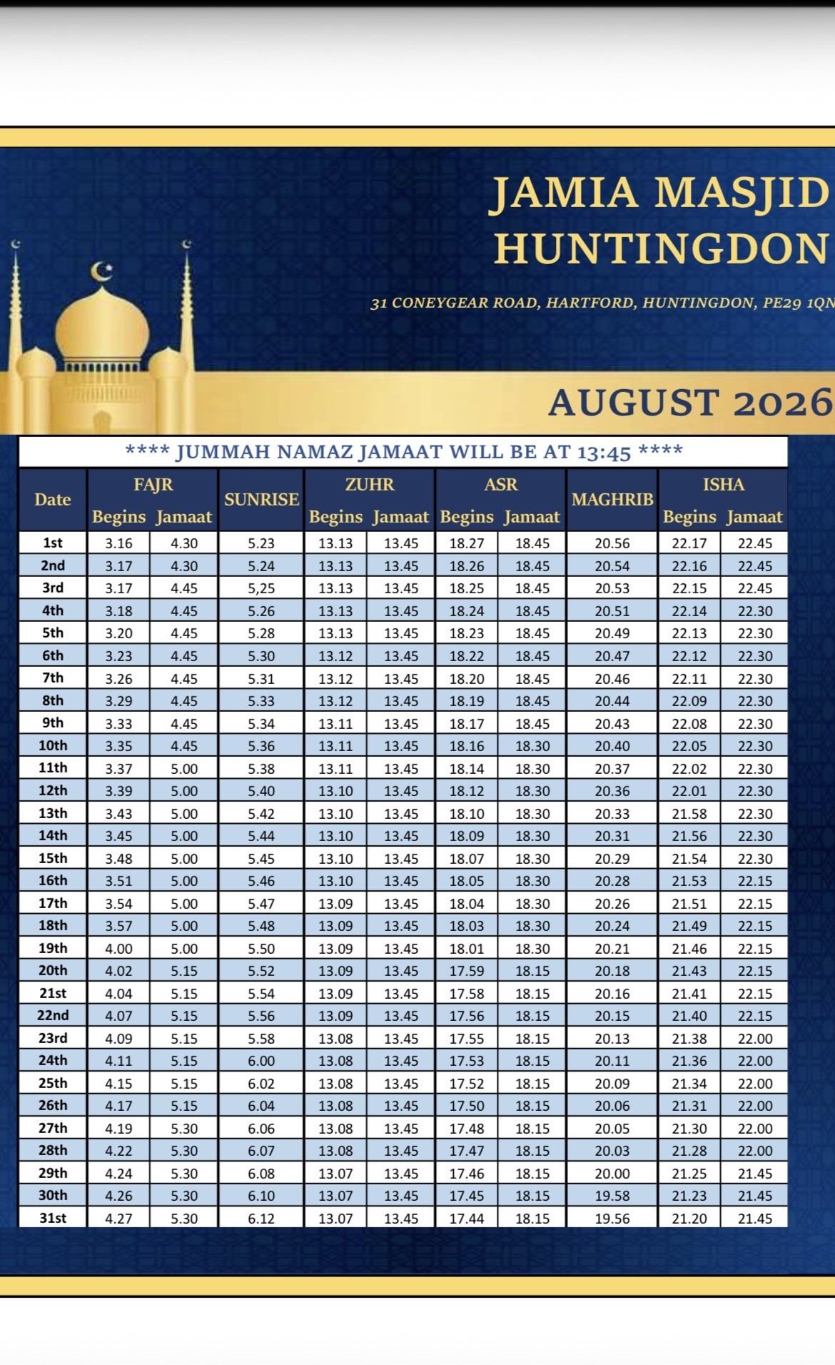 Prayer Timetable
