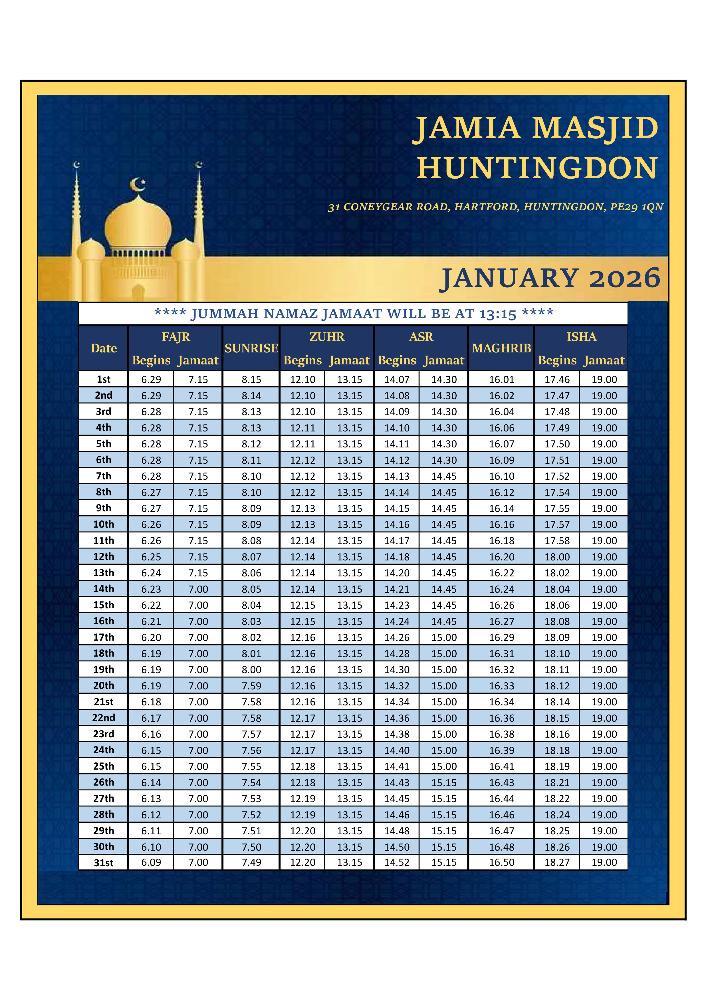 Prayer Timetable
