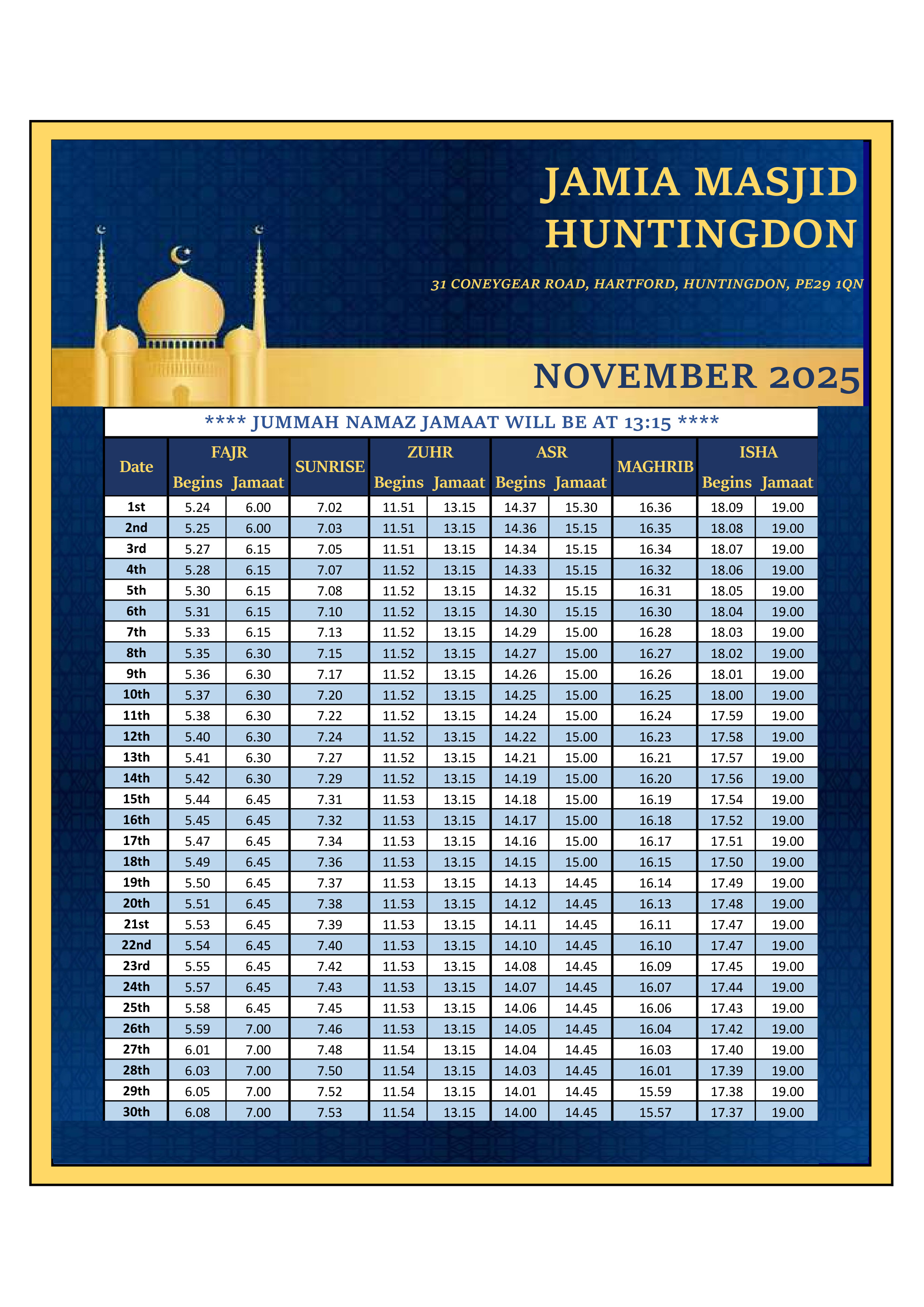Prayer Timetable